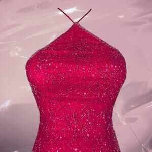 Y2K Vintage hot pink silk beaded halter lace up maxi prom mermaid dress